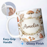 Personalized Custom Name Watercolor Forest Mushrooms Toadstools Seamless Pattern Light Grey 11oz Ceramic Coffee Tea Mug White Large Handle