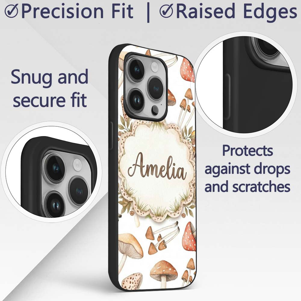Watercolor Forest Mushrooms Toadstools Seamless Custom Name Protective Phone Case Mobile Cover Durable Everyday Smartphone Shock Resistant