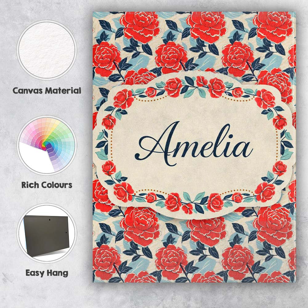 Personalised Name Red Rose Blue Accent Floral Seamless Pattern Custom Contemporary Display Canvas Wall Art Print Decor Picture Ready to Hang