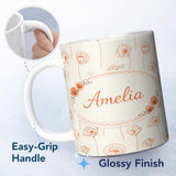 Personalized Custom Name Minimal Line Art Floral Pattern Terracotta Design Cute Unique Gift 11oz Ceramic Coffee Tea Mug White Large Handle