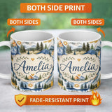 Personalized Custom Name Watercolor Mountain Landscape Pine Trees Seamless Pattern White 11oz Ceramic Coffee Tea Mug White Large Handle