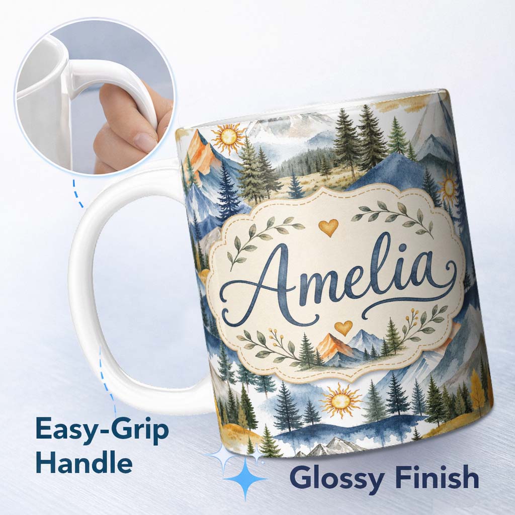 Personalized Custom Name Watercolor Mountain Landscape Pine Trees Seamless Pattern White 11oz Ceramic Coffee Tea Mug White Large Handle