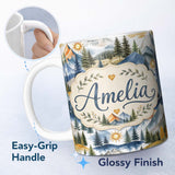 Personalized Custom Name Watercolor Mountain Landscape Pine Trees Seamless Pattern White 11oz Ceramic Coffee Tea Mug White Large Handle