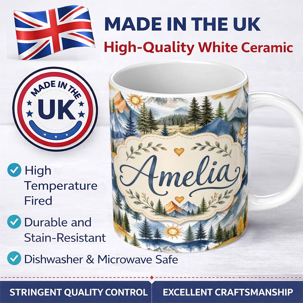 Personalized Custom Name Watercolor Mountain Landscape Pine Trees Seamless Pattern White 11oz Ceramic Coffee Tea Mug White Large Handle