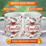 Personalized Custom Name Elegant Christmas Bows Holly Leaves Stars Festive Seamless Pattern 11oz Ceramic Coffee Tea Mug White Large Handle