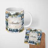 Personalized Custom Name Watercolor Mountain Landscape Pine Trees Seamless Pattern Soft Pink 11oz Ceramic Coffee Tea Mug White Large Handle