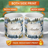 Personalized Custom Name Watercolor Mountain Landscape Pine Trees Seamless Pattern Soft Pink 11oz Ceramic Coffee Tea Mug White Large Handle