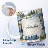 Personalized Custom Name Watercolor Mountain Landscape Pine Trees Seamless Pattern Soft Pink 11oz Ceramic Coffee Tea Mug White Large Handle