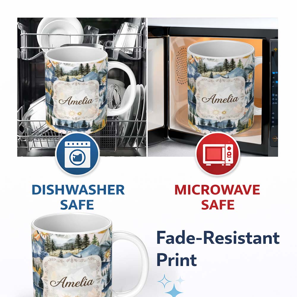 Personalized Custom Name Watercolor Mountain Landscape Pine Trees Seamless Pattern Soft Pink 11oz Ceramic Coffee Tea Mug White Large Handle