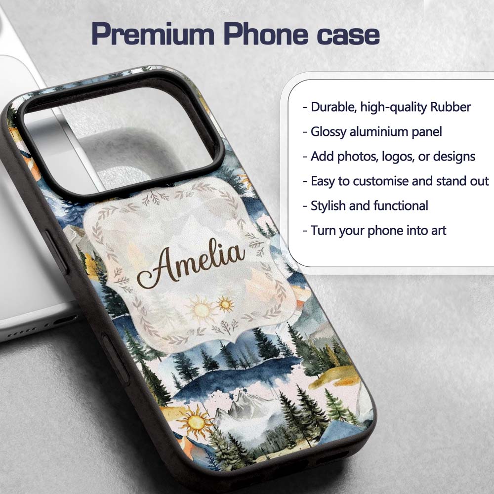 Watercolor Mountain Landscape Pine Trees Seamless Custom Name Protective Phone Case Mobile Cover Durable Everyday Smartphone Shock Resistant