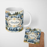 Personalized Custom Name Watercolor Mountain Landscape Pine Trees Seamless Pattern Warm 11oz Ceramic Coffee Tea Mug White Large Handle