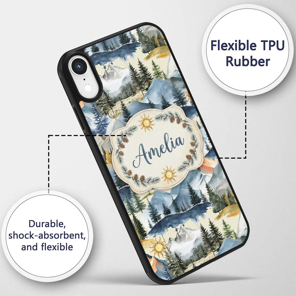 Watercolor Mountain Landscape Pine Trees Seamless Custom Name Protective Phone Case Mobile Cover Durable Everyday Smartphone Shock Resistant