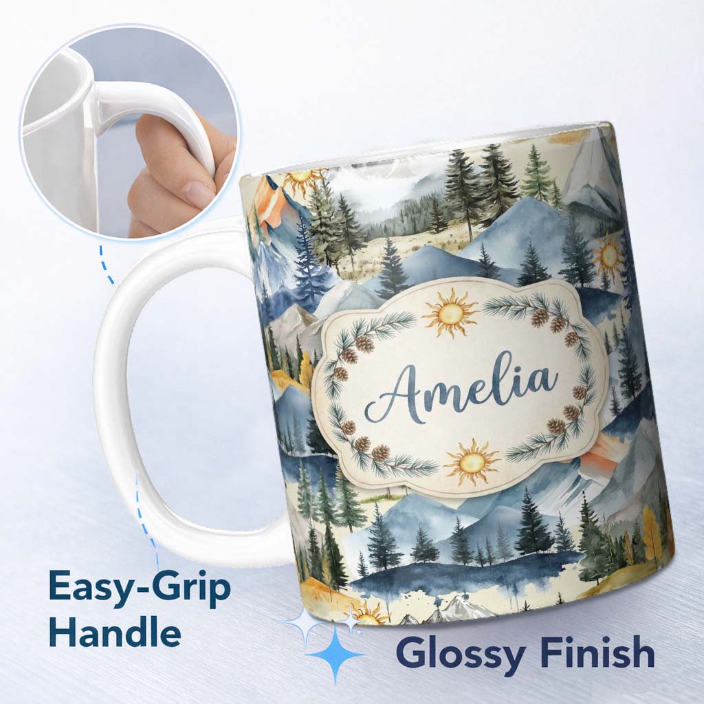 Personalized Custom Name Watercolor Mountain Landscape Pine Trees Seamless Pattern Warm 11oz Ceramic Coffee Tea Mug White Large Handle