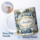 Personalized Custom Name Watercolor Mountain Landscape Pine Trees Seamless Pattern Warm 11oz Ceramic Coffee Tea Mug White Large Handle