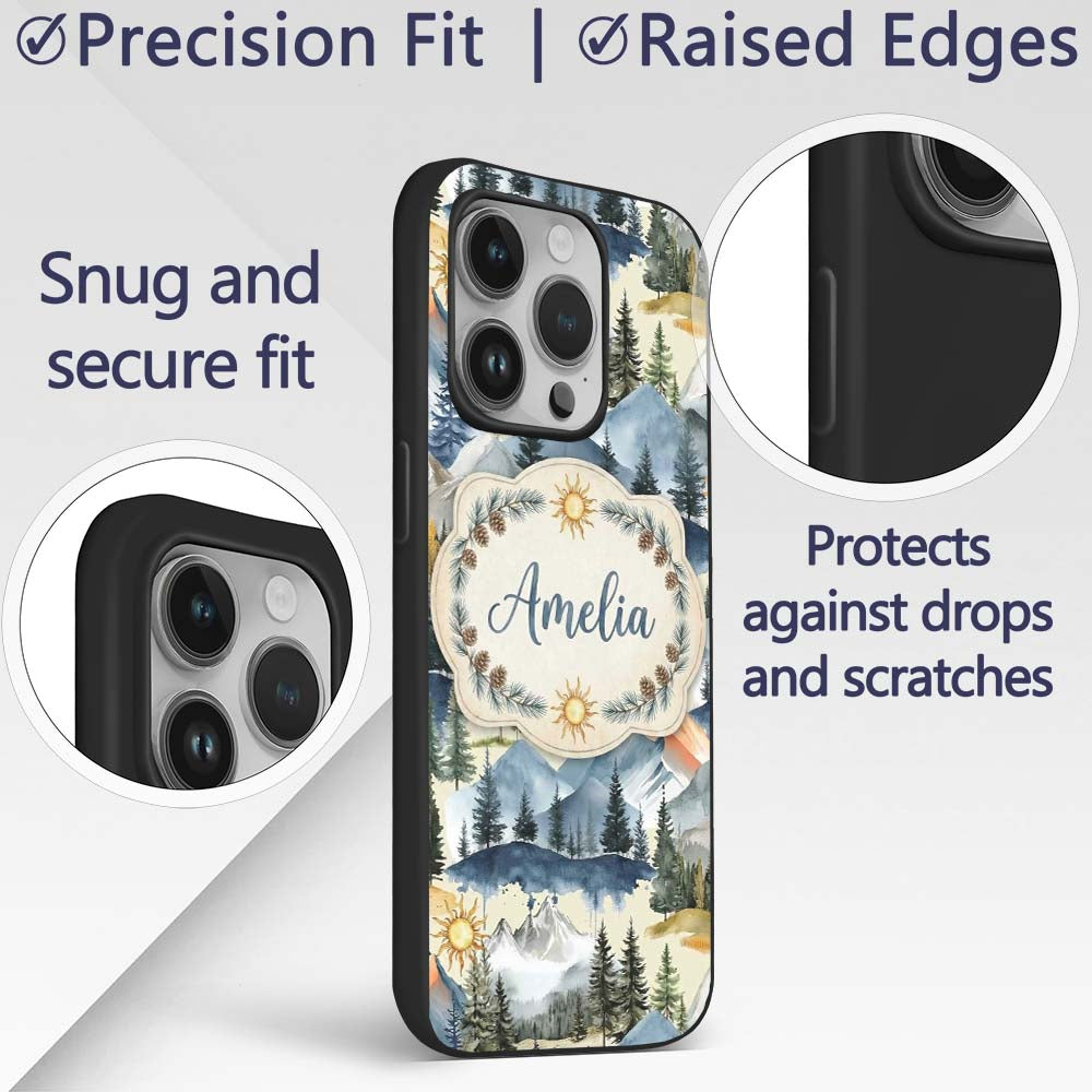 Watercolor Mountain Landscape Pine Trees Seamless Custom Name Protective Phone Case Mobile Cover Durable Everyday Smartphone Shock Resistant