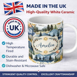 Personalized Custom Name Watercolor Mountain Landscape Pine Trees Seamless Pattern Warm 11oz Ceramic Coffee Tea Mug White Large Handle