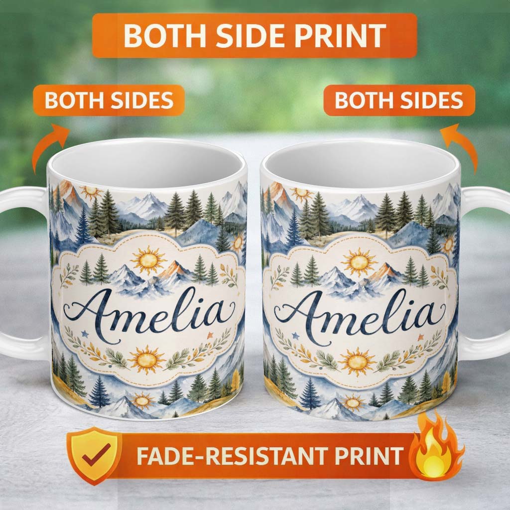 Personalized Custom Name Watercolor Mountain Landscape Pine Trees Seamless Pattern Light 11oz Ceramic Coffee Tea Mug White Large Handle