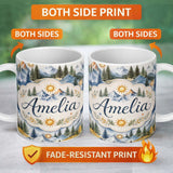 Personalized Custom Name Watercolor Mountain Landscape Pine Trees Seamless Pattern Light 11oz Ceramic Coffee Tea Mug White Large Handle