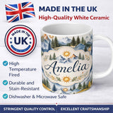 Personalized Custom Name Watercolor Mountain Landscape Pine Trees Seamless Pattern Light 11oz Ceramic Coffee Tea Mug White Large Handle