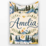 Watercolor Mountain Landscape Pine Trees Seamless Pattern Cream  Personalised Custom Name Super Soft Fleece Blanket Bed Sofa Throw
