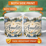 Personalized Custom Name Watercolor Mountain Landscape Pine Trees Seamless Pattern Cream 11oz Ceramic Coffee Tea Mug White Large Handle