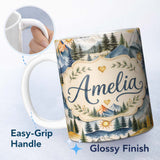 Personalized Custom Name Watercolor Mountain Landscape Pine Trees Seamless Pattern Cream 11oz Ceramic Coffee Tea Mug White Large Handle