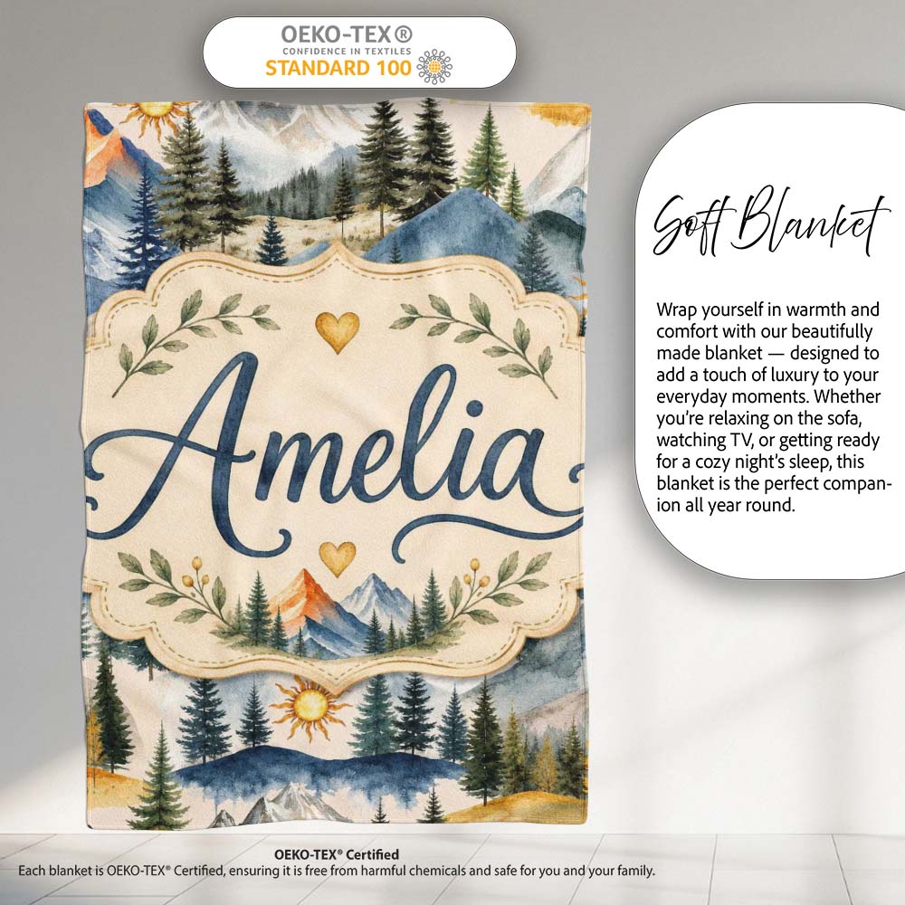 Watercolor Mountain Landscape Pine Trees Seamless Pattern Cream  Personalised Custom Name Super Soft Fleece Blanket Bed Sofa Throw