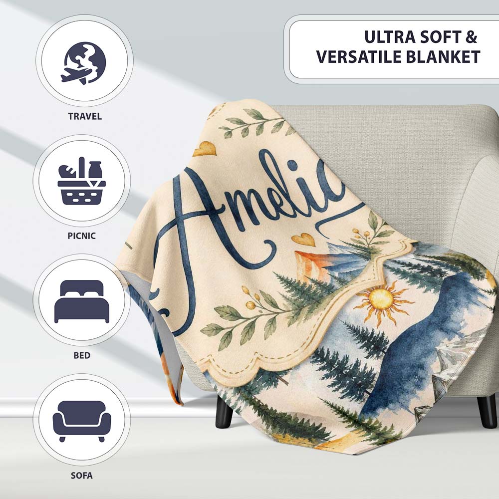 Watercolor Mountain Landscape Pine Trees Seamless Pattern Cream  Personalised Custom Name Super Soft Fleece Blanket Bed Sofa Throw
