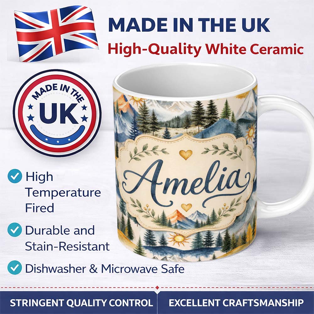 Personalized Custom Name Watercolor Mountain Landscape Pine Trees Seamless Pattern Cream 11oz Ceramic Coffee Tea Mug White Large Handle
