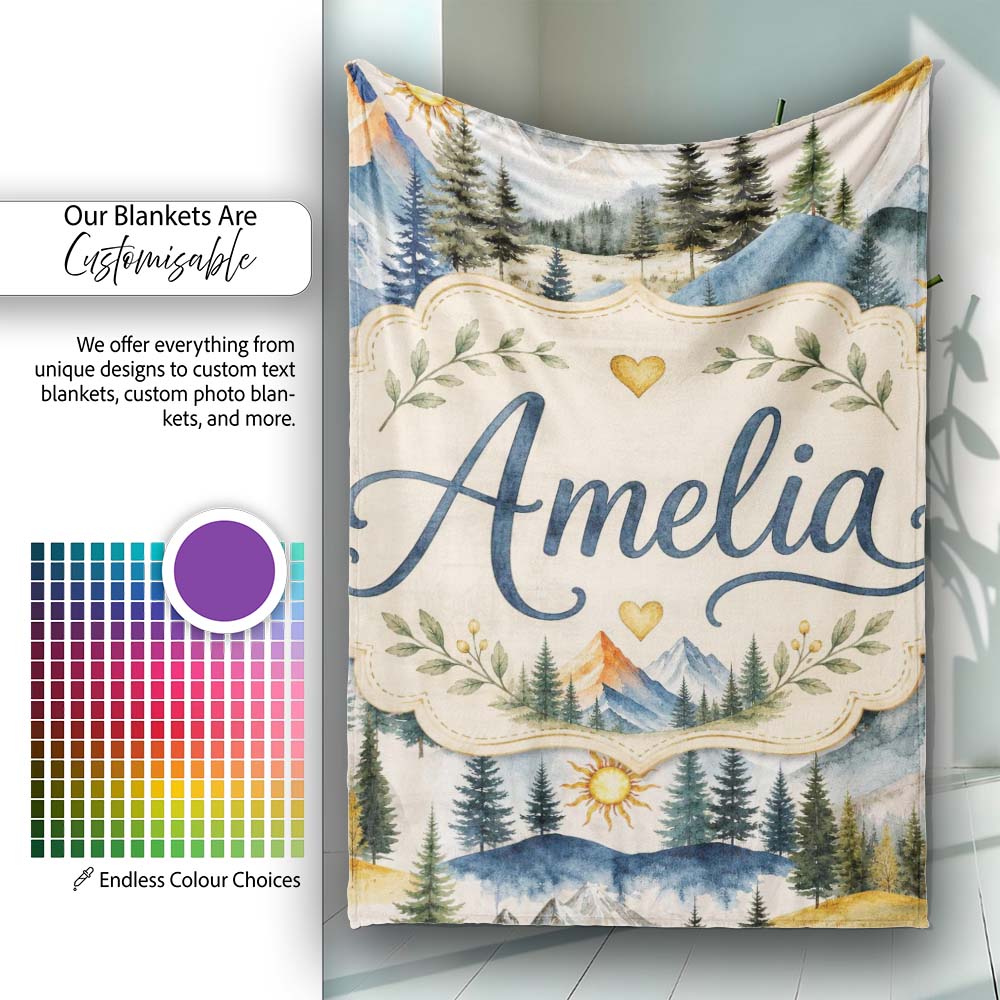 Watercolor Mountain Landscape Pine Trees Seamless Pattern Cream  Personalised Custom Name Super Soft Fleece Blanket Bed Sofa Throw