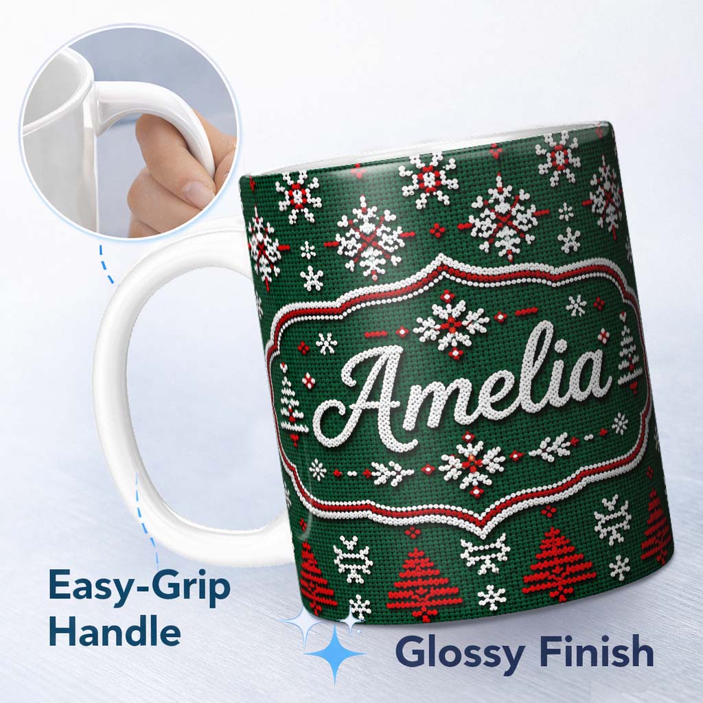Personalized Custom Name Knitted Red White Christmas Tree Snowflake Seamless Pattern Lovely 11oz Ceramic Coffee Tea Mug White Large Handle