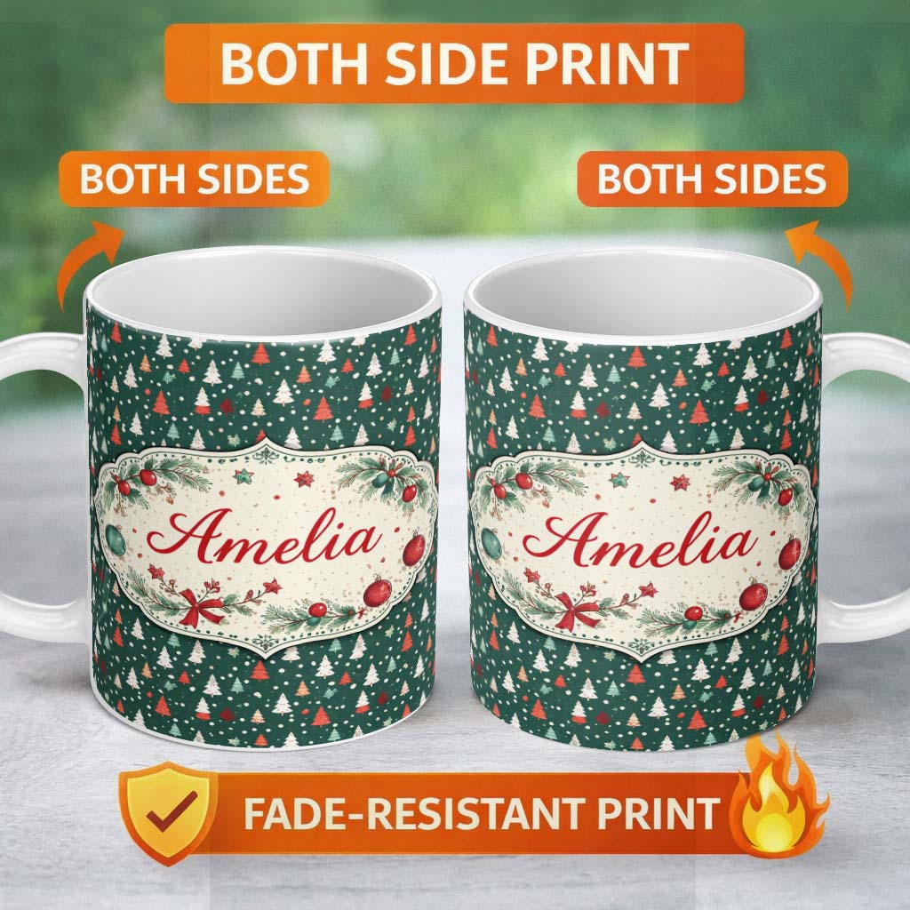Personalized Custom Name Minimal Christmas Trees Polka Dot Green Seamless Pattern Lovely 11oz Ceramic Coffee Tea Mug White Large Handle