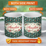 Personalized Custom Name Minimal Christmas Trees Polka Dot Green Seamless Pattern Lovely 11oz Ceramic Coffee Tea Mug White Large Handle