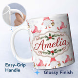 Personalized Custom Name Cute Christmas Gnome Red Hat Lantern Snow Dots Seamless Pattern 11oz Ceramic Coffee Tea Mug White Large Handle