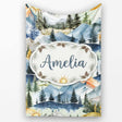 Watercolor Mountain Landscape Pine Trees Seamless Pattern Sage  Personalised Custom Name Super Soft Fleece Blanket Bed Sofa Throw