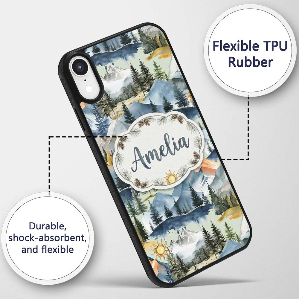 Watercolor Mountain Landscape Pine Trees Seamless Custom Name Protective Phone Case Mobile Cover Durable Everyday Smartphone Shock Resistant