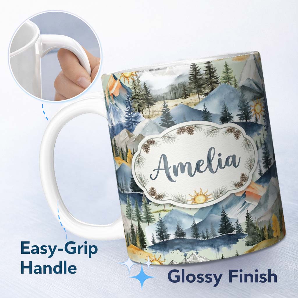 Personalized Custom Name Watercolor Mountain Landscape Pine Trees Seamless Pattern Sage 11oz Ceramic Coffee Tea Mug White Large Handle