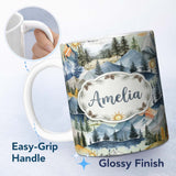 Personalized Custom Name Watercolor Mountain Landscape Pine Trees Seamless Pattern Sage 11oz Ceramic Coffee Tea Mug White Large Handle