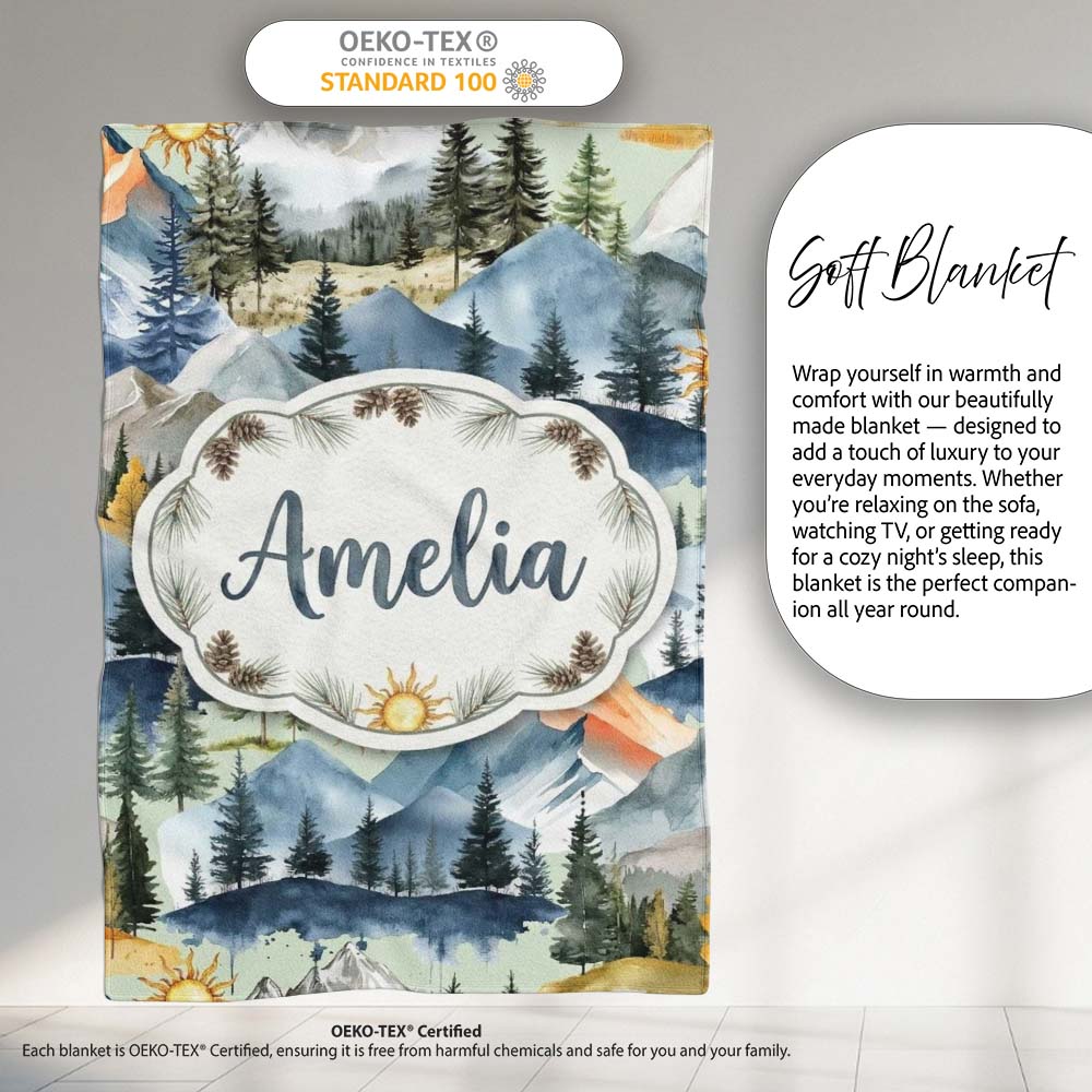 Watercolor Mountain Landscape Pine Trees Seamless Pattern Sage  Personalised Custom Name Super Soft Fleece Blanket Bed Sofa Throw