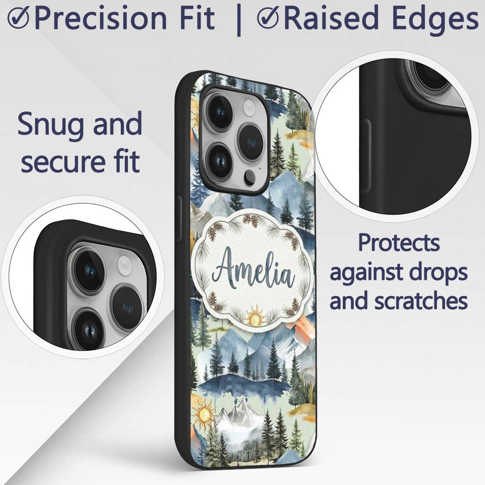 Watercolor Mountain Landscape Pine Trees Seamless Custom Name Protective Phone Case Mobile Cover Durable Everyday Smartphone Shock Resistant