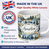 Personalized Custom Name Watercolor Mountain Landscape Pine Trees Seamless Pattern Sage 11oz Ceramic Coffee Tea Mug White Large Handle