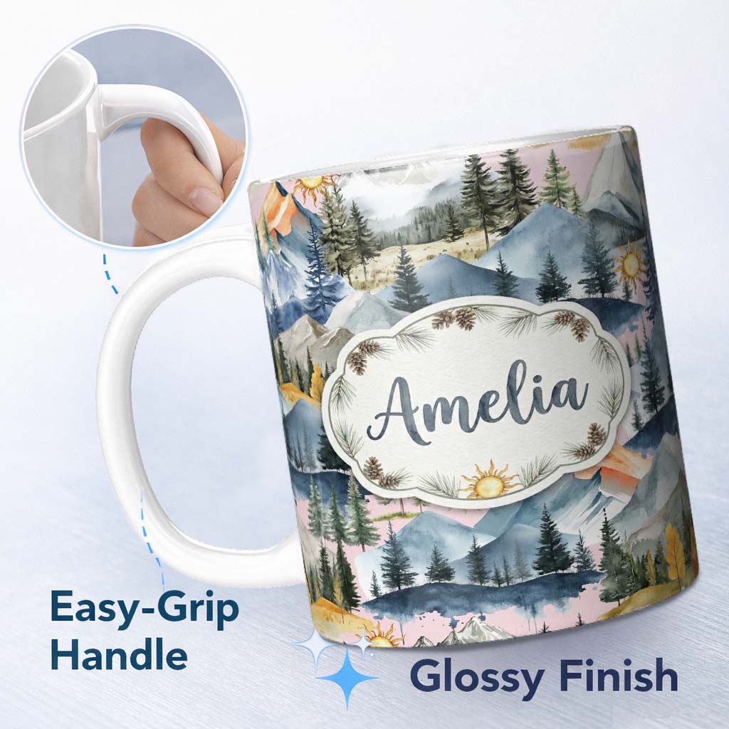 Personalized Custom Name Watercolor Mountain Forest Landscape Sunset Seamless Pattern Pink 11oz Ceramic Coffee Tea Mug White Large Handle