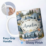 Personalized Custom Name Watercolor Mountain Forest Landscape Sunset Seamless Pattern Pink 11oz Ceramic Coffee Tea Mug White Large Handle