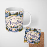 Personalized Custom Name Watercolor Mountain Forest Landscape Sunset Seamless Pattern Beige 11oz Ceramic Coffee Tea Mug White Large Handle