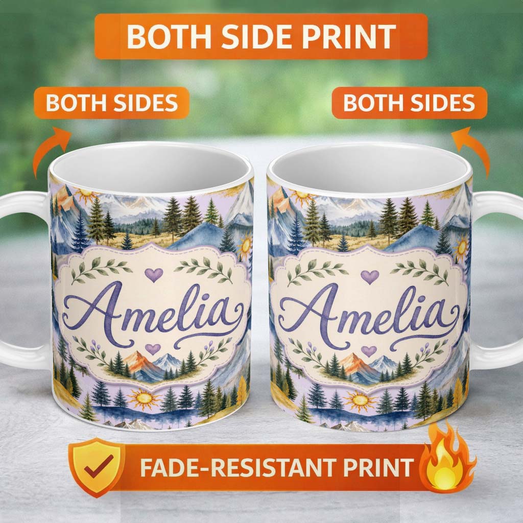 Personalized Custom Name Watercolor Mountain Forest Landscape Sunset Seamless Pattern Beige 11oz Ceramic Coffee Tea Mug White Large Handle