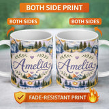 Personalized Custom Name Watercolor Mountain Forest Landscape Sunset Seamless Pattern Beige 11oz Ceramic Coffee Tea Mug White Large Handle