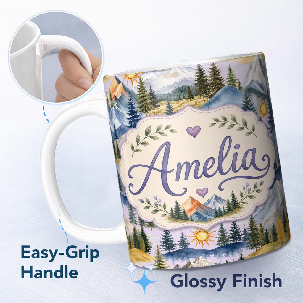 Personalized Custom Name Watercolor Mountain Forest Landscape Sunset Seamless Pattern Beige 11oz Ceramic Coffee Tea Mug White Large Handle