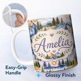 Personalized Custom Name Watercolor Mountain Forest Landscape Sunset Seamless Pattern Beige 11oz Ceramic Coffee Tea Mug White Large Handle