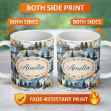 Personalized Custom Name Watercolor Mountain Forest Landscape Sunset Seamless Pattern Light 11oz Ceramic Coffee Tea Mug White Large Handle