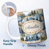 Personalized Custom Name Watercolor Mountain Forest Landscape Sunset Seamless Pattern Light 11oz Ceramic Coffee Tea Mug White Large Handle